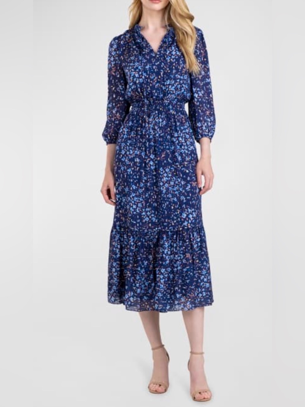 Shoshanna Jaxon Smocked Floral-Print Midi Metallic Clips Dress Size 8